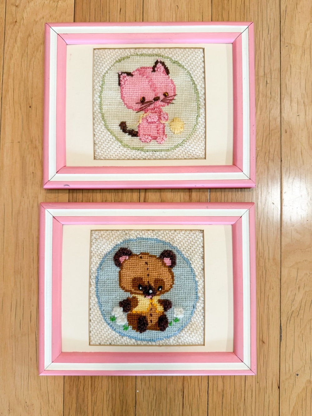 Vintage Framed Needlepoint Wall Art Pair – Kitten with Yarn & Teddy Bear Framed